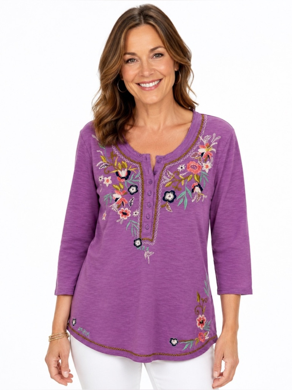 Sundance Top Purple Embroidered Floral Henley Boho Slub Cotton Blouse Large